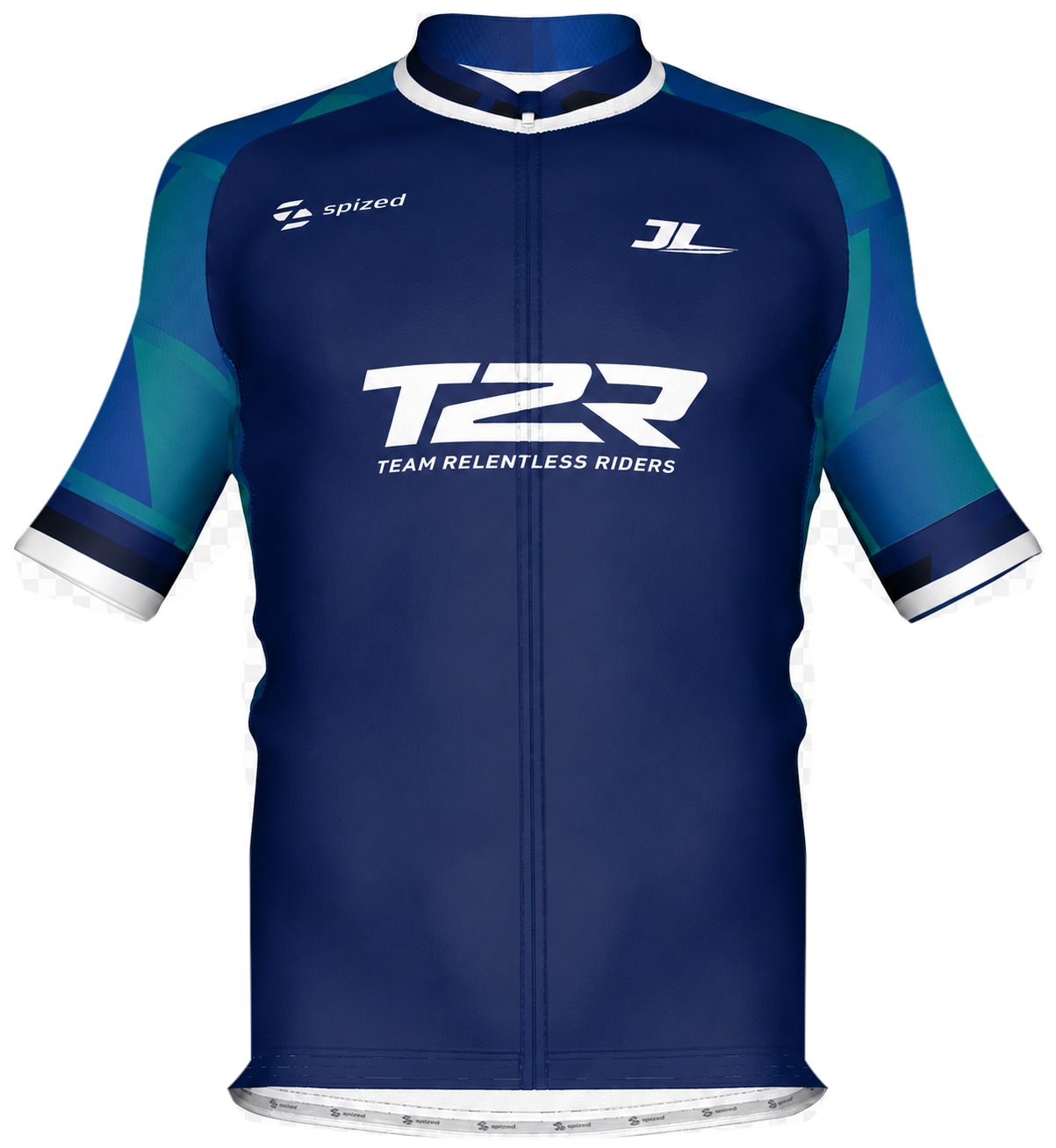 Freigestellte Vorderansicht des aktuellen T2R Jerseys in Navy und Türkis